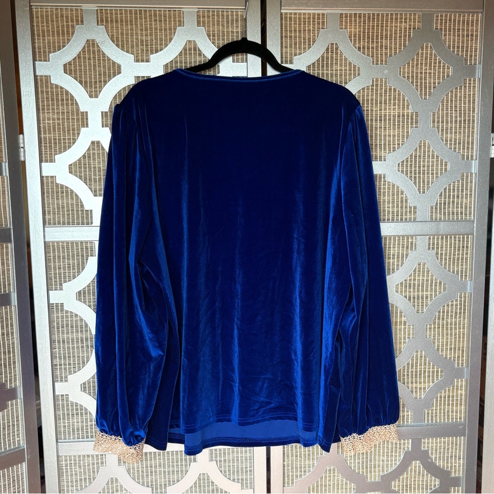 SHEIN Royal Blue Velvet Blouse with Cream Lace - Picture 4 of 6